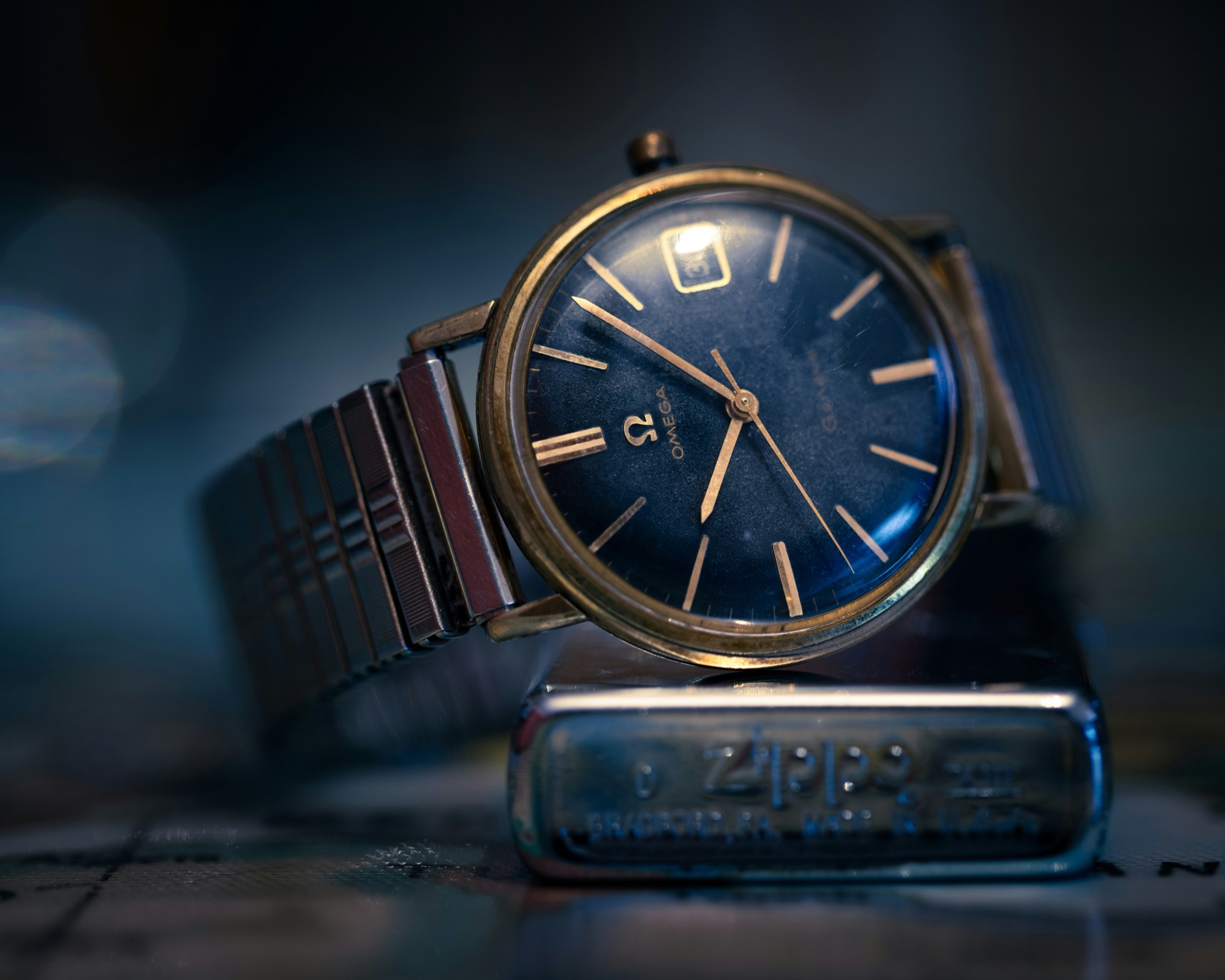 Vintage gold watch with blue dial